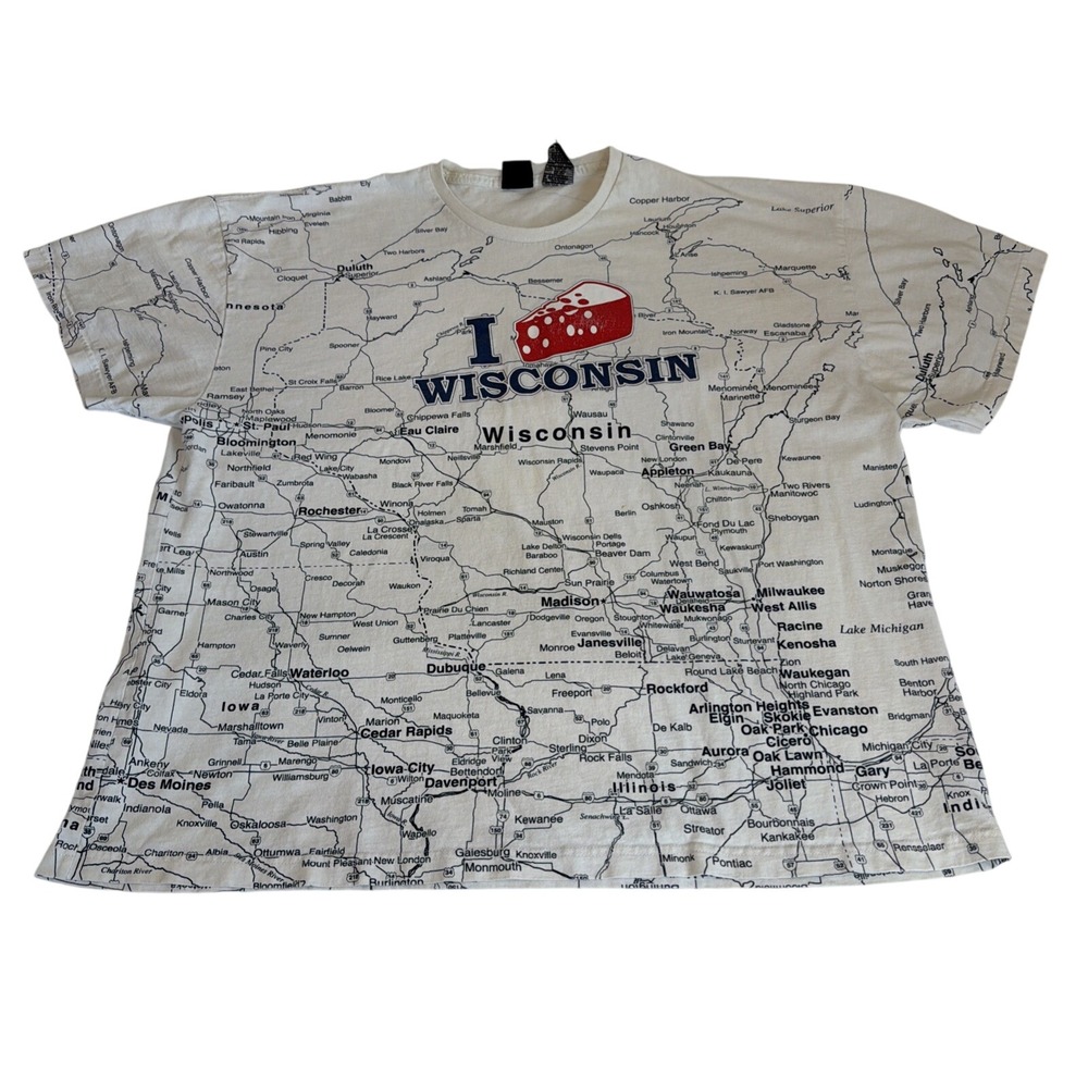 Vintage Y2K I Love Wisconsin Map All Over Print AOP T Shirt Mens Size 3XL
